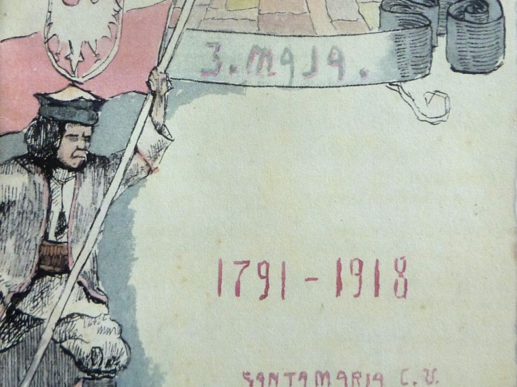 Informacja o obchodach rocznicy uchwalenia Konstytucji 3 maja. Obóz w Santa Maria Capua Vetera. Włochy, 1918 r. Źródło: Muzeum Piłsudskiego w Sulejówku