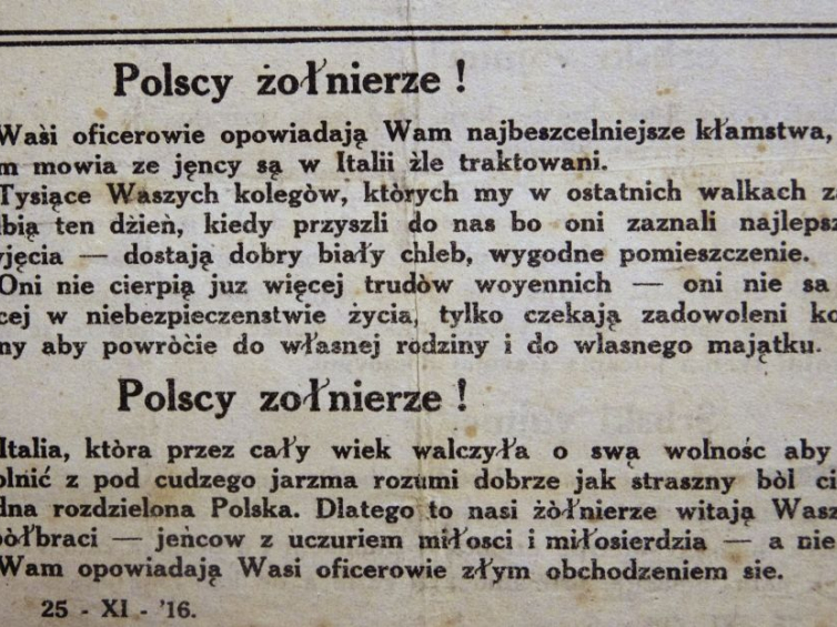 Włoska ulotka nawołująca Polaków z armii austro-węgierskiej do oddawania się w niewolę. 1916 r. Źródło: Muzeum Piłsudskiego w Sulejówku