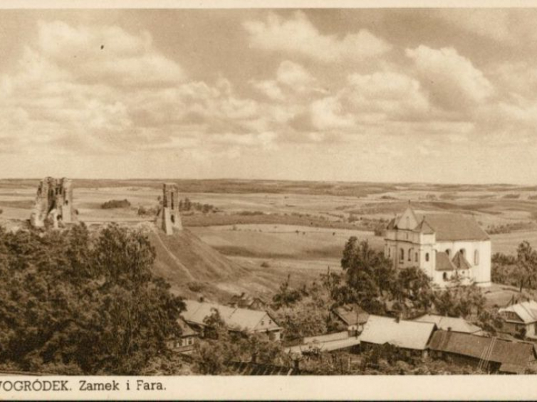 Nowogródek - zamek i fara. Pocztówka, lata 1918-1939. Źródło: BN Polona