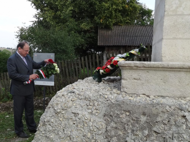 Ambasador RP Henryk Litwin składa kwiaty pod pomnikiem bitwy pod Hodowem. Fot. Mikołaj Falkowski