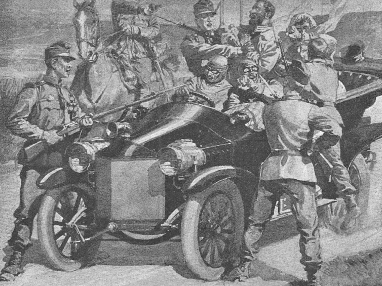 Rosyjscy szpiedzy przebrani za kobiety pojmani przez ck żołnierzy. Ilustracja propagandowa z 1914 r.  Ze zbiorów P. Szlanty