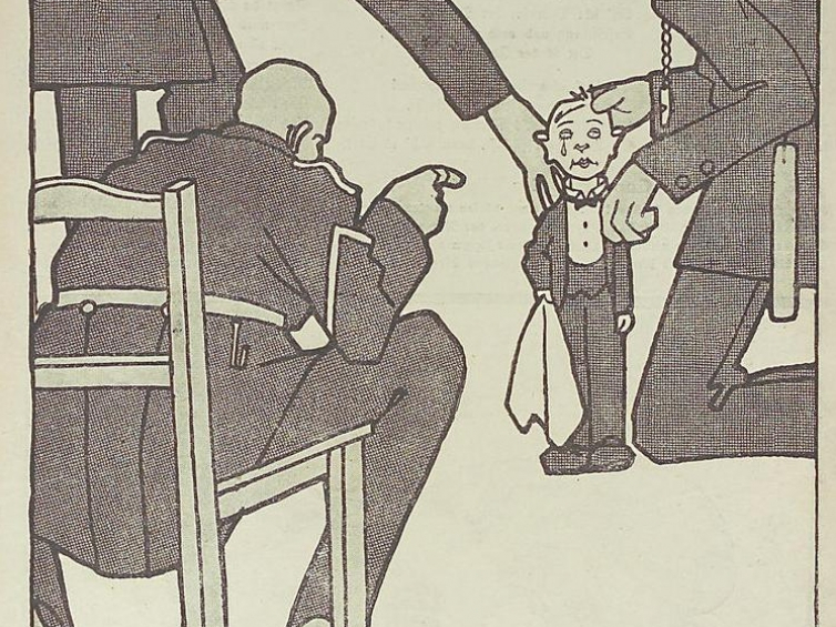„Niemieccy szpiedzy w Anglii. Pytam po ostatni raz, gdzie schowałeś Zeppelina?” karykatura z niemieckiego czasopisma „Ulk” z 1915 r. na szpiegomanię na Wyspach Brytyjskich. Ze zbiorów P. Szlanty