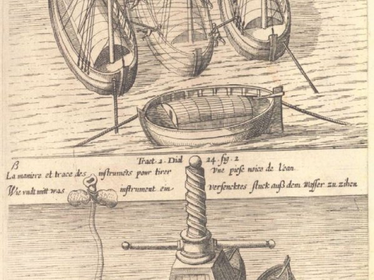 Rycina przedstawiająca nurka - karta z opracowania Diego Ufano z 1621 r. „Artillerie, c'est a dire: Vraye instruction de l'artillerie et de toutes ses appartenances”. Traktat opisuje  zagadnienia teoretyczne i praktyczne związane z artylerią i zawiera jedno z najwcześniejszych przedstawień nurka, wyposażonego w skórzany kombinezon z przewodem doprowadzającym powietrze, którego zadaniem było wydobycie armaty z dna rzeki. Źródło: zbiory starodruków Biblioteki im. Zielińskich Towarzystwa Naukowego Płockiego