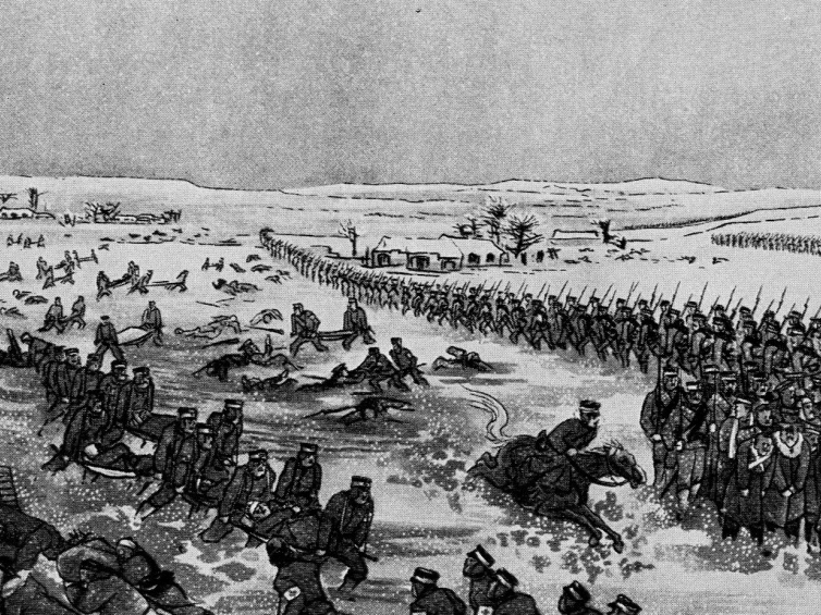 Litografia z epoki przedstawiająca bitwę pod Mukdenem podczas wojny rosyjsko-japońskiej. Źródło: ze zbiorów P. Szlanty.