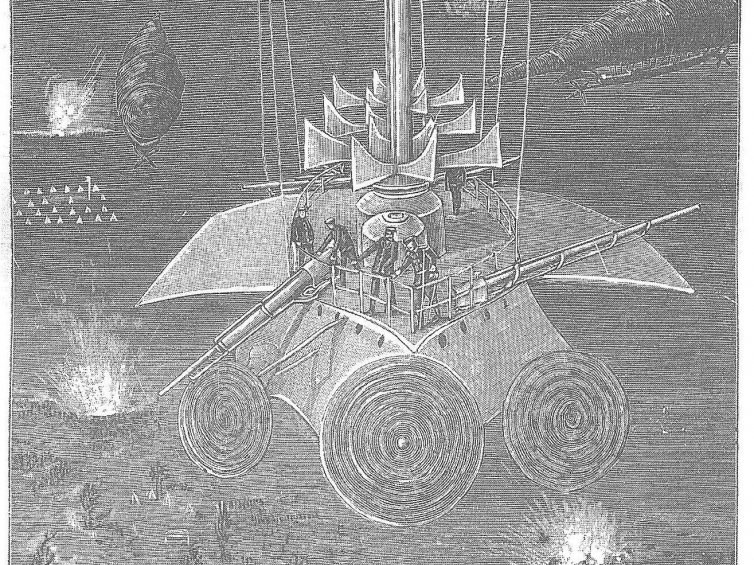Rysunek z wydanej w 1899 r. książki Jana Gotliba Blocha „Przyszła wojna pod względem technicznym, ekonomicznym i politycznym” przedstawiająca wojenną machinę latającą. Źródło: ze zbiorów P. Szlanty.