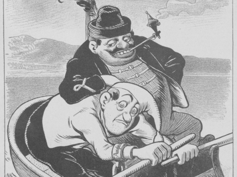 Karykatura z  wiedeńskiego satyrycznego pisma "Kikeriki" z 1907 na dualizm monarchii habsurskiej. Źródło: P. Szlanta