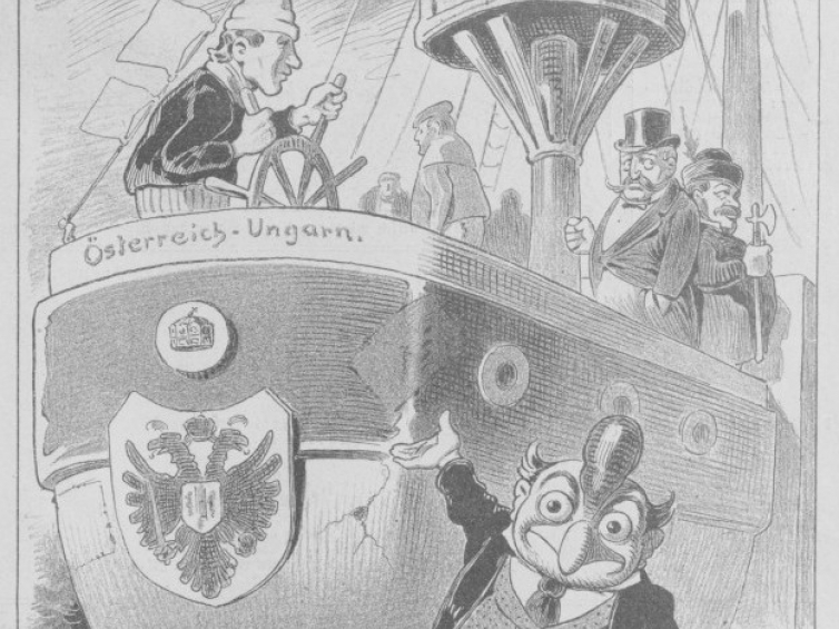 Karykatura z satyrycznego pisma "Kikeriki" z 1908 na dualizm ck monarchii. Źródło: P. Szlanta