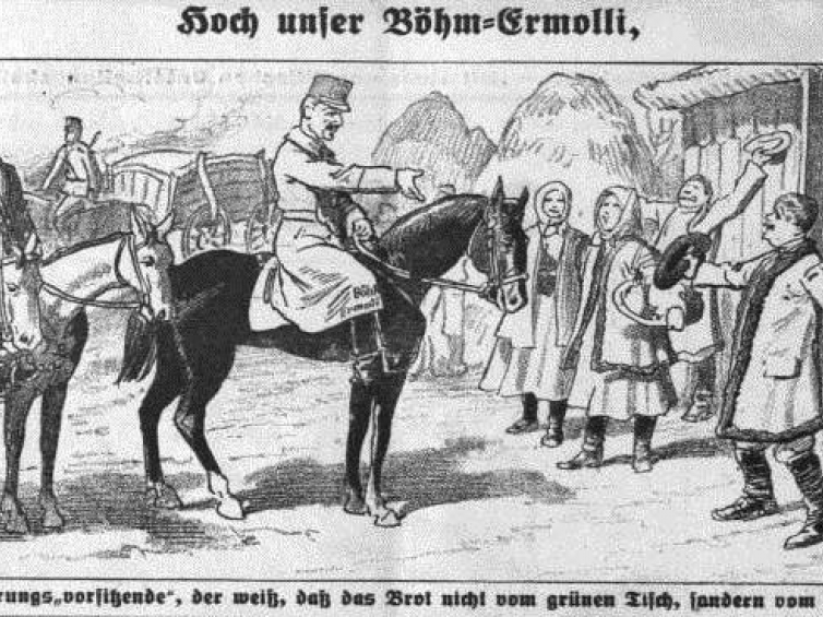 Karykatura z wiedeńskiego czasopisma "Kikeriki" z 3 marca 1918 r., symbolizująca austriackie nadzieje na dostawy zboża. Ze zbiorów dr. hab. P. Szlanty
