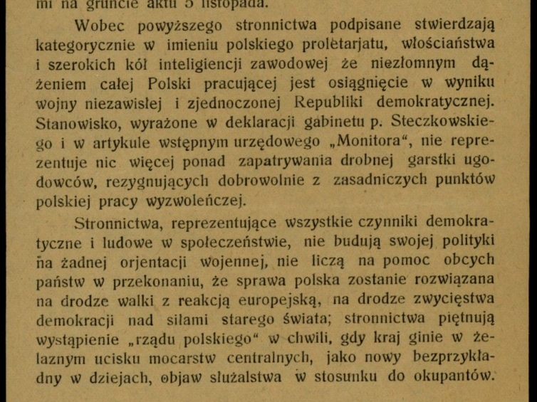 Oświadczenie w sprawie deklaracji wersalskiej wydane przez środowiska prokoalicyjne w okupowanym Królestwie Polskim, zbiory Biblioteki Narodowej
