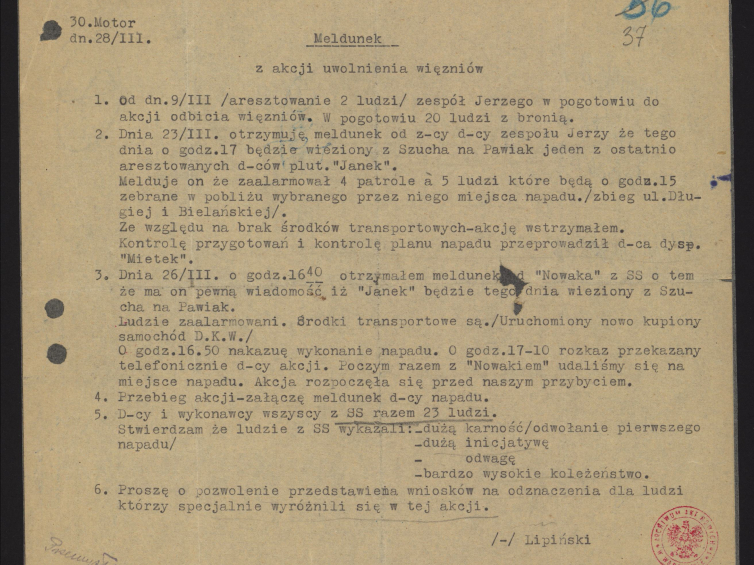 Meldunek z akcji uwolnienia więźniów 26 marca 1943 r. pod warszawskm Arsenałem; AAN, Armia Krajowa, sygn. VIII/19. Źródło: AAN