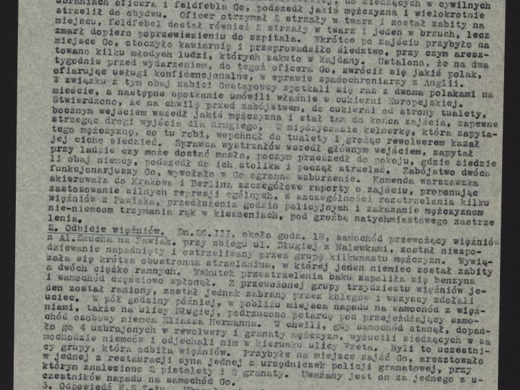 Raport tygodniowy Głównego Inspektoratu PKB z informacją o przeprowadzonej akcji odbicia więźniów w dniu 26 marca 1943 r.; AAN, Delegatura Rządu RP na Kraj, sygn. 202_II-37. Źródło: AAN