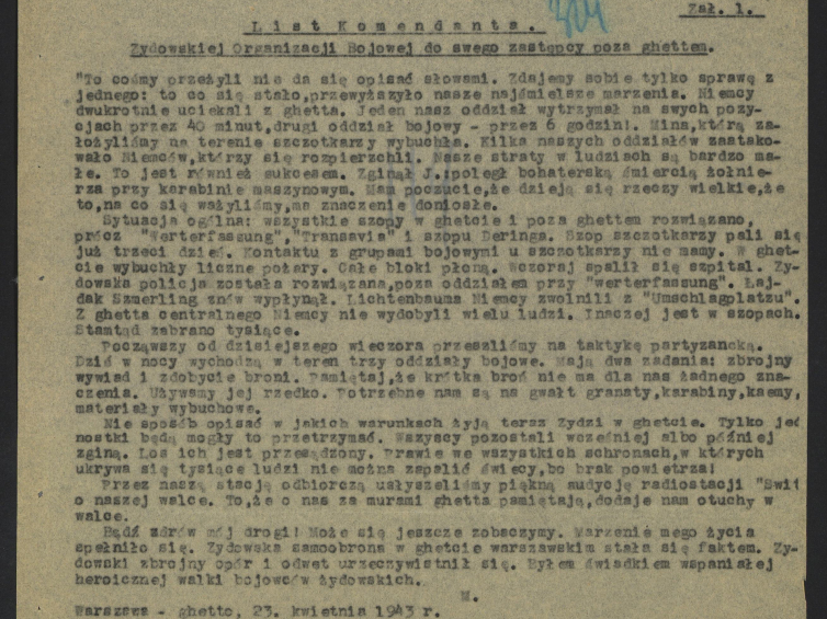 Lista Komendanta ŻOB do swojego zastępcy poza gettem, 23 kwietnia 1943. Źródło: Archiwum Akt Nowych