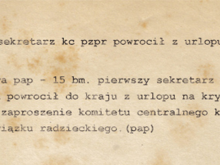 I Sekretarz KC PZPR powrócił z urlopu do kraju  15.8.Warszawa PAP - 15 bm. I Sekretarz KC PZPR Edward Gierek powrócił do kraju z urlopu na Krymie...