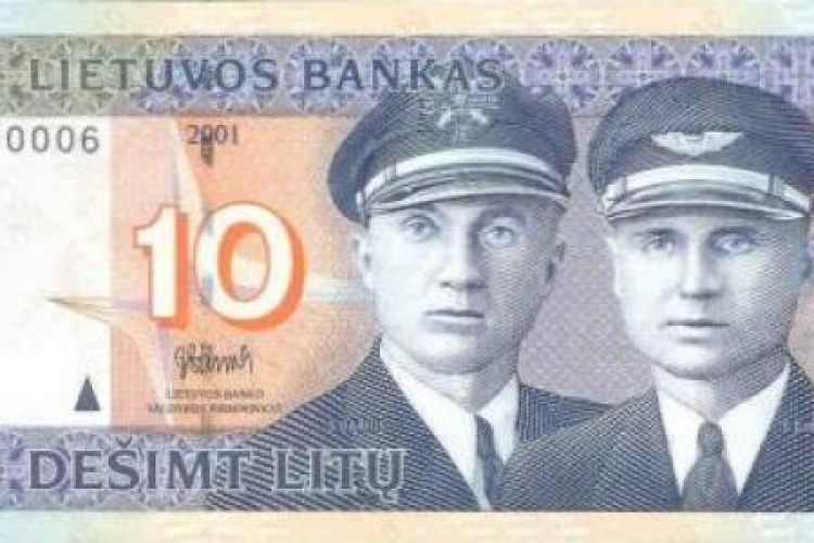 Litewski banknot z wizerunkiem pilotów: Steponasa Dariusa i Stasysa Girėnasa. Fot. Wikipedia