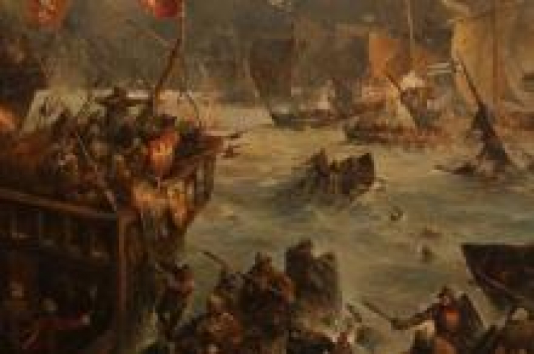 Obraz przedstawiający bitwę na Zalewie Wiślanym w 1463 r. Źródło: Centralne Muzeum Morskie w Gdańsku