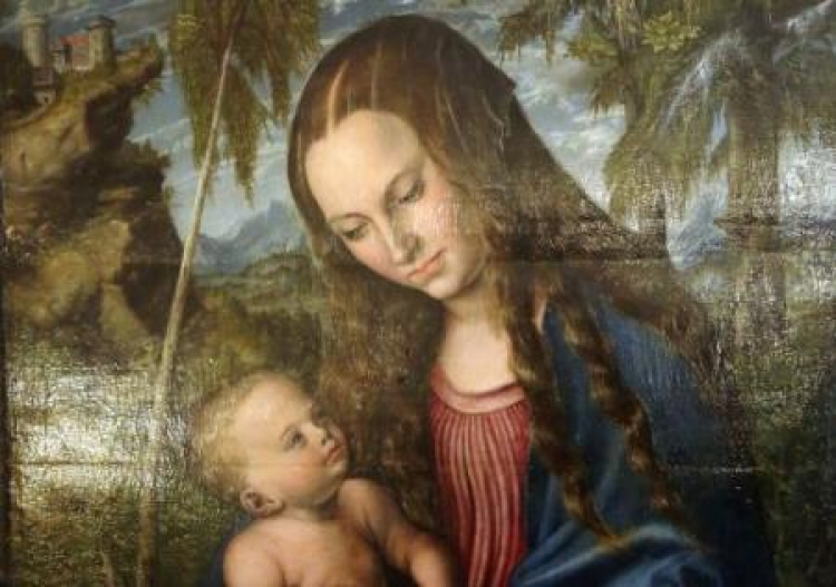 Odzyskany obraz "Madonna pod jodłami" Lucasa Cranacha starszego z początku XVI w. Fot. PAP/T. Gzell