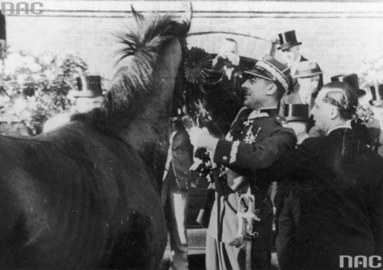 Gen. Kazimierz Schally dekoruje zwycięskiego ogiera Johna. Pole Mokotowskie. 06.1938. Fot. NAC