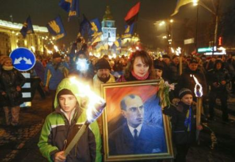 Marsz w Kijowie poświęcony 105. rocznicy urodzin przywódcy ukraińskich nacjonalistów Stepana Bandery. Fot. PAP/EPA