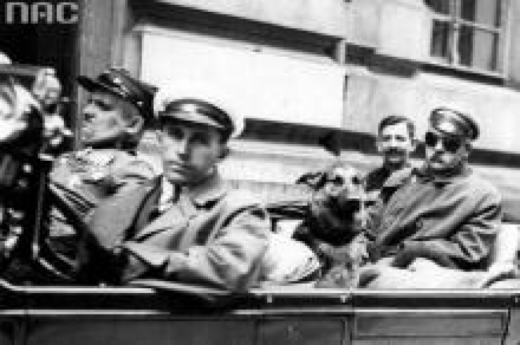 Wyjazd Józefa Piłsudskiego z Warszawy do Sulejówka, w samochodzie widoczny wilczur "Pies". 1929 r. Fot. NAC