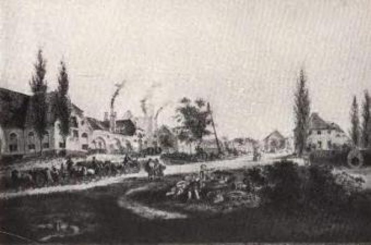 Odlewnia żeliwa w Gliwicach. Litografia z XIX wieku. Źródło: Wikimedia Commons