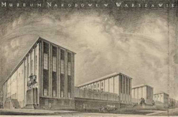 Widok perspektywiczny gmachu Muzeum Narodowego w Warszawie od strony północno-wschodniej, 1926, Proj. Tadeusz Tołwiński Widok perspektywiczny gmachu Muzeum Narodowego w Warszawie od strony północno-wschodniej, 1926, Proj. Tadeusz Tołwiński