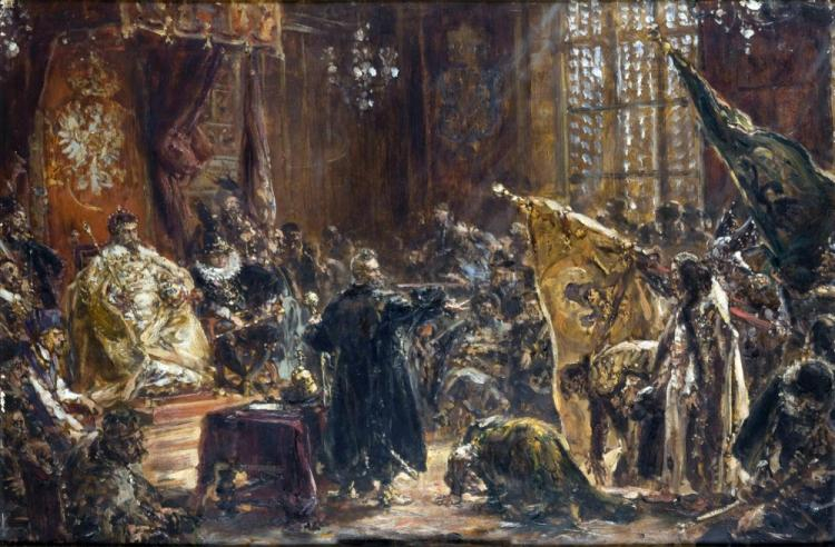 Hołd cara Wasyla Szujskiego przed Zygmuntem III Wazą w 1611 r. - obraz Jana Matejki (XIX w.). Źródło: Wikimedia Commons