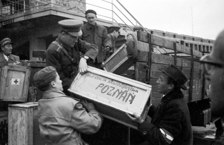 Pomoc z Polski na rzecz potrzebującej ludności węgierskiej, po inwazji radzieckiej w czasie rewolucji 1956. Nz. przeładunek nadsyłanych lekarstw i żywności na samochody. Fot. PAP/W. Janik