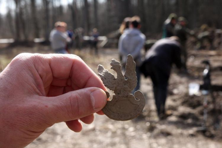 Orzełek z wojskowej czapki - poszukiwania szczątków żołnierzy Narodowych Sił Zbrojnych w lesie koło Starego Grodkowa. 19.03.2016. Fot. PAP/K. Świderski