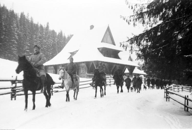 Polowanie w nadleśnictwie Sołotwina, w lasach należących do hrabiego Adama Zdzisława Zamoyskiego. Styczeń, 1931. Fot. NAC