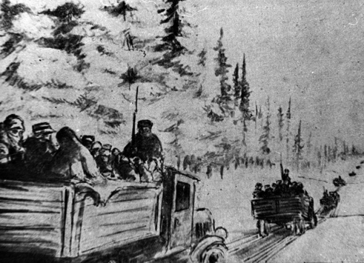 Transport więźniów odkrytymi ciężarówkami po drodze z drewnianych okrąglaków w okolicy Kotłasu w lutym 1940 r. Rysunek nieznanego łagiernika. Źródło: IPN