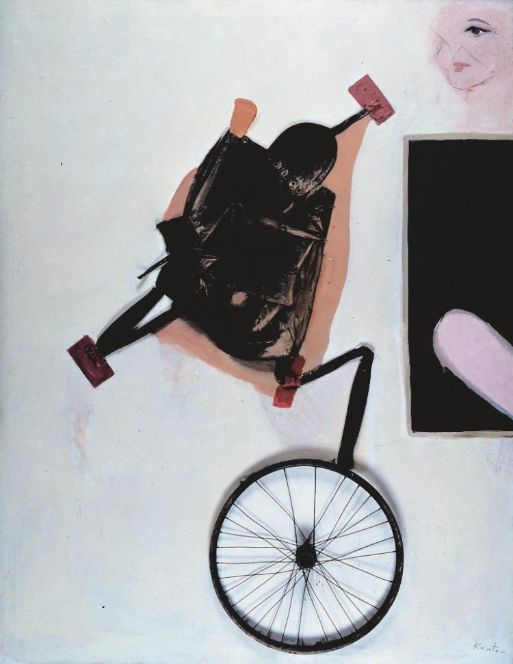Tadeusz Kantor, Emballage IV, 1967, plecak, koło rowerowe, olej, płótno, wł. Muzeum Sztuki w Łodzi. Źródło: Cricoteka