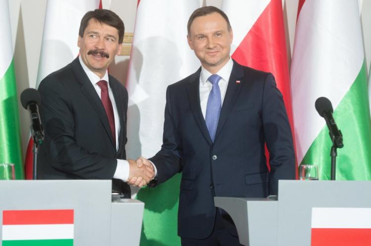 Prezydent Węgier Janos Ader (L) oraz prezydent RP Andrzej Duda podczas wspólnej konferencji prasowej po spotkaniu w Piotrkowie Trybunalskim. Fot. PAP/G. Michałowski 