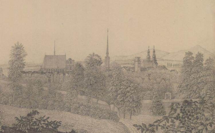 Widok na Nysę. Rys. z 1842 r. Źródło: BN Polona