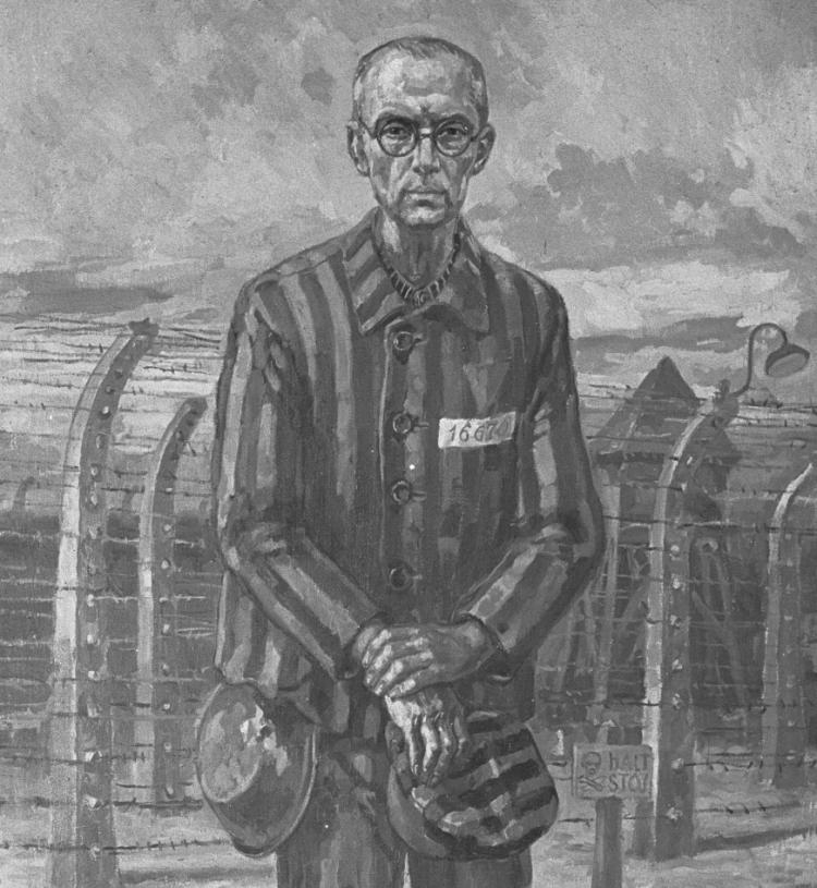 Obraz przedstawiający o. Maksymiliana Kolbego w Auschwitz. Fot. PAP/CAF/L. Surowiec