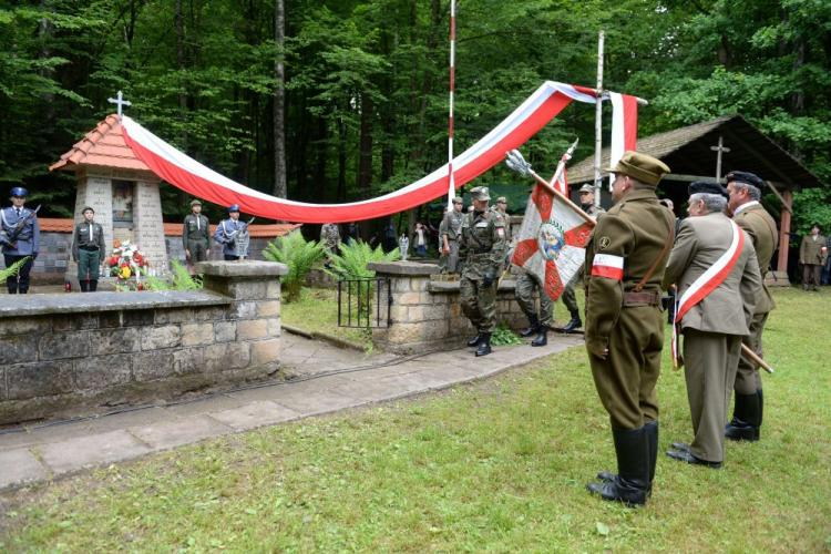 Uroczystości upamiętniające żołnierzy Armii Krajowej, walczących pod komendą Jana Piwnika ps. Ponury i Eugeniusza Kaszyńskiego ps. Nurt na leśnej polanie na Wykusie w Górach Świętokrzyskich. Fot. PAP/P. Polak 