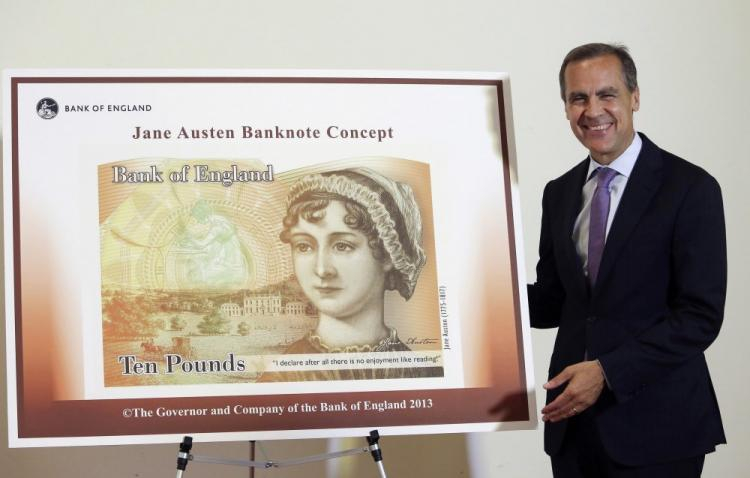 Gubernator BoE Mark Carney podczas prezentacji banknotu z Jane Austen. 2013 r. Fot. PAP/EPA