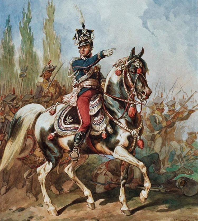 Generał Jan Henryk Dąbrowski na czele Legionów - akwarela Juliusza Kossaka. Źródło: Wikimedia Commons