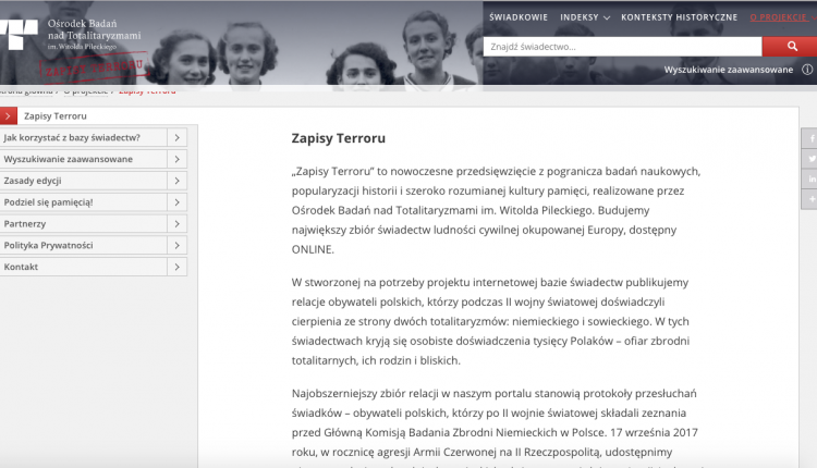 Screen strony "Zapisy Terroru"