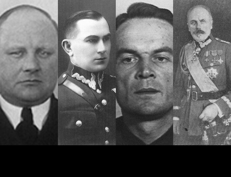 Od lewej: kmdr Stanisław Artur Mieszkowski, kpt. Władysław Liniarski (1937 r.), płk Marian Orlik - Źródło: IPN, gen. dyw. Władysław Jędrzejewski - Źródło: Wikimedia Commons