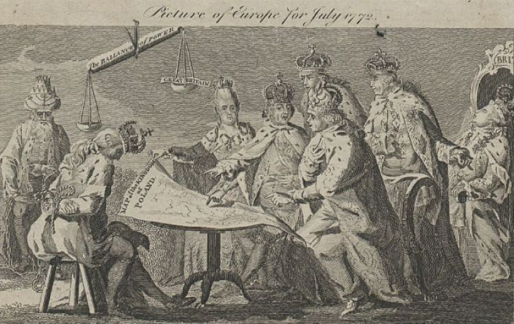 "Europa w lipcu 1772 r.", angielska grafika dotycząca I rozbioru Polski. Źródło: BN Polona 