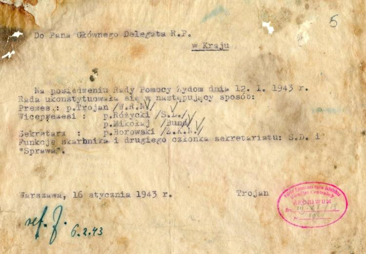 Dokument Rady Pomocy Żydom z 16.01.1943 r. Źródło: AAN