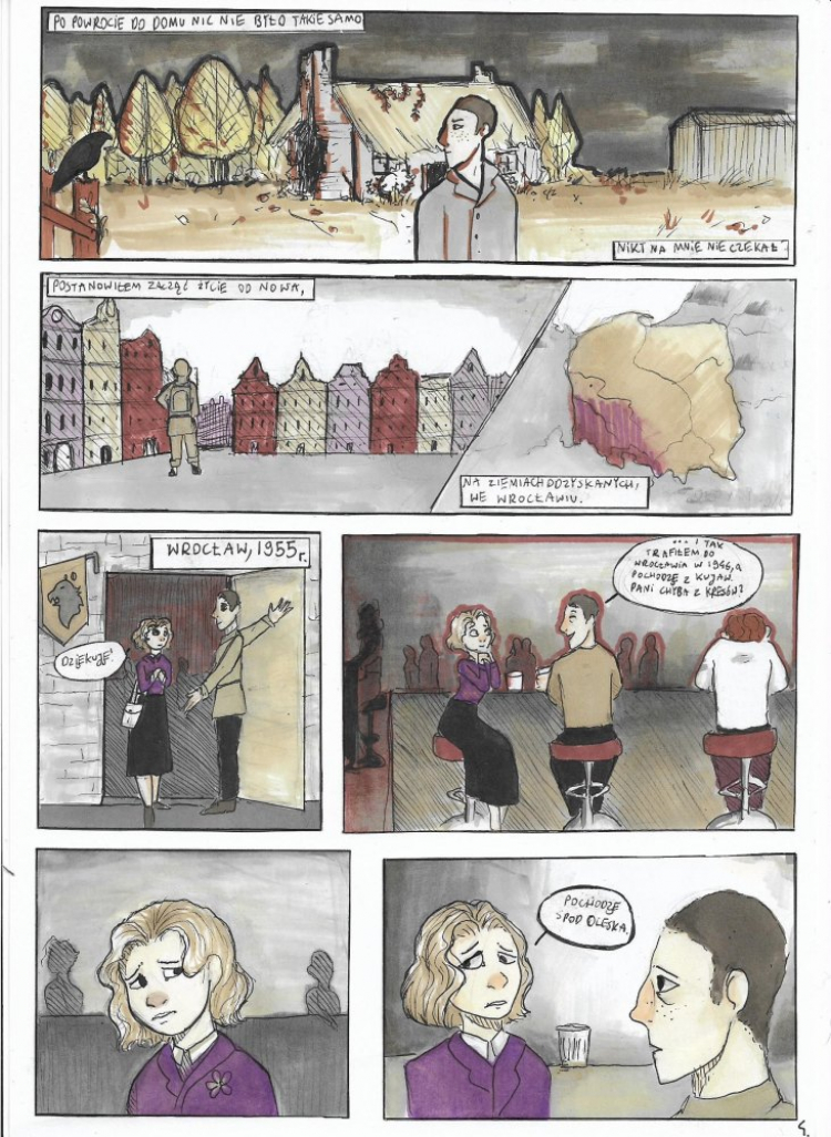 V edycja konkursu. Fragment komiksu "Ziemie odzyskane, ziemie utracone", autorki: Wioletta Goraj, Małgorzata Iżuk, Weronika Kiewisz, kl. 1 B, nauczyciel opiekun: p. Sławomir Milczarek., Liceum Ogólnokształcące nr IV we Wrocławiu. Źródło: portal IPN www.pamiec.pl