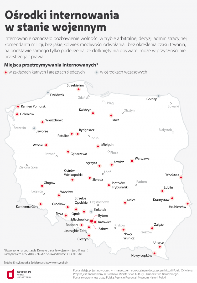 Ośrodki internowania w stanie wojennym. Źródło: Infografika PAP