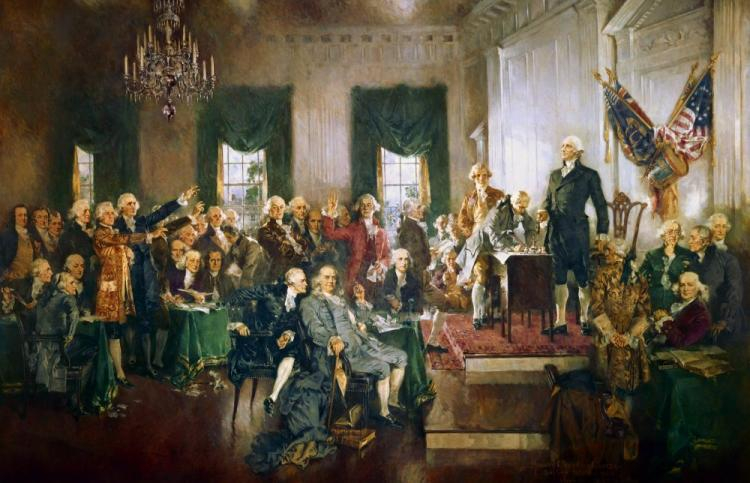 Howard Chandler Christy - Podpisanie konstytucji Stanów Zjednoczonych Ameryki. Fot. United States Capitol. Źródło: Wikimedia Commons 