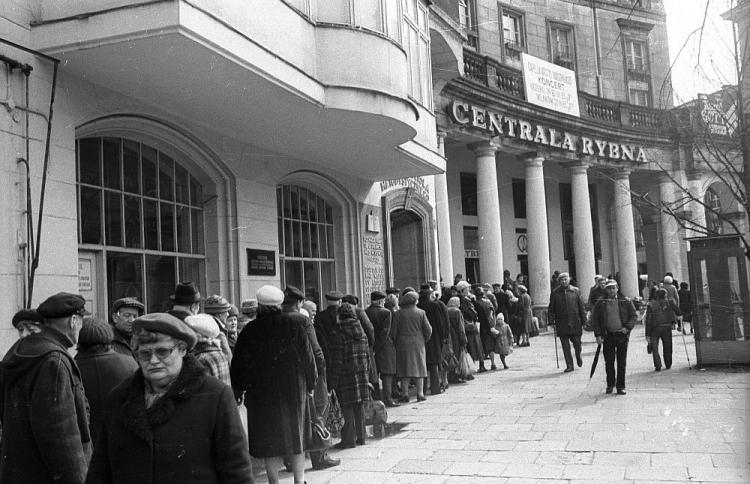 Kolejka do sklepu rybnego. 1983 r. Fot. PAP/L. Wawrynkiewicz