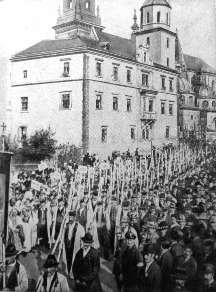 Krakowska manifestacja przeciwko pokojowi brzeskiemu zorganizowana 16 lutego 1918 r. Ze zbiorów dr. hab. P. Szlanty