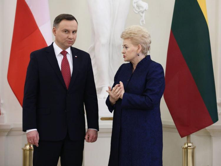 Prezydent RP Andrzej Duda i prezydent Litwy Dalia Grybauskaite podczas spotkania w Pałacu Prezydenckim w Wilnie. 17.02.2018. Fot. PAP/L. Szymański