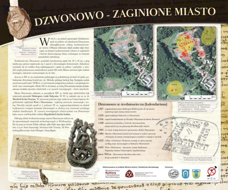 Tablica informacyjna "Dzwonowo - zaginione miasto". Źródło: Projekt "Dzwonowo – zaginione miasto. Interdyscyplinarne badania średniowiecznego i nowożytnego kompleksu osadniczego" - www.dzwonowo.wordpress.com