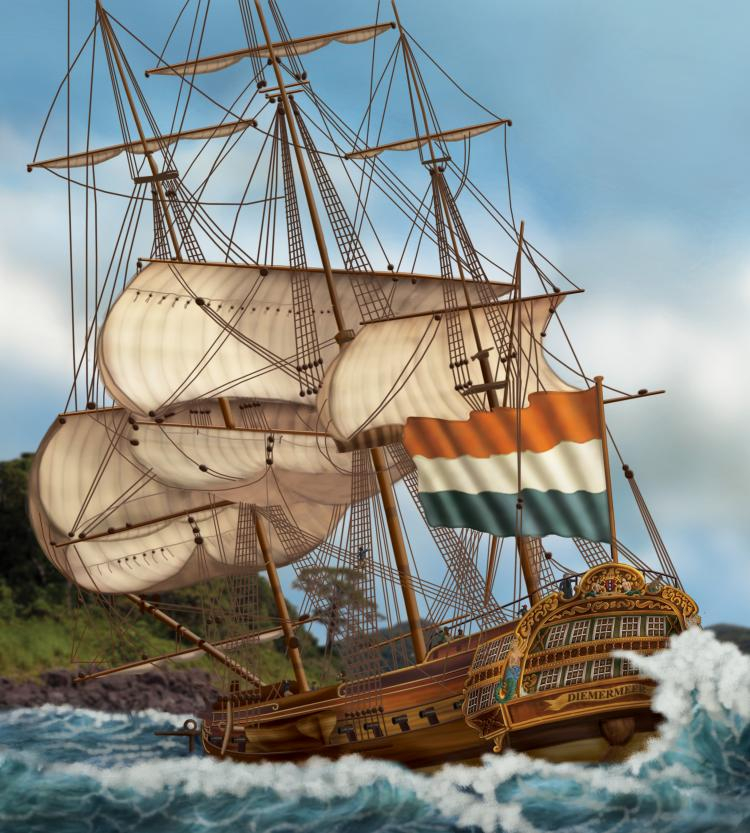 statek „Diemermeer”. Autor ilustracji: Arthur Scheijde. Źródło: Stowarzyszenie Wyprawy Wrakowe