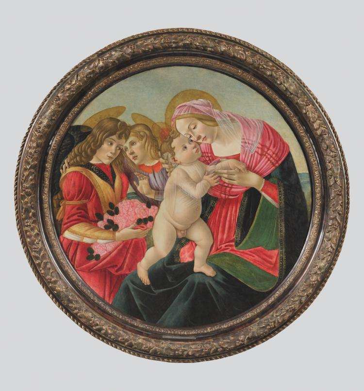 "Madonna z Dzieciątkiem i dwoma aniołami", obraz przypisywany Sandro Botticellemu (1445–1510), 4. ćwierć wieku XV. Tempera ze złoceniami na podobraziu z drewna topolowego. Lico obrazu po konserwacji. Fot. J. Kietliński. Źródło: Zamek Królewski na Wawelu